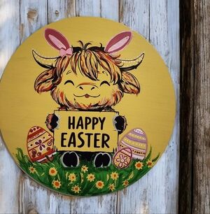 Handpainted Highland Cow Easter 15" Sign CUTE